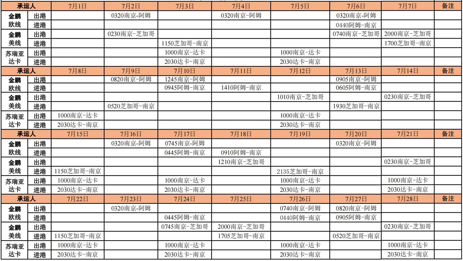 南京机场国际货运航线航班计划（2024年7月）